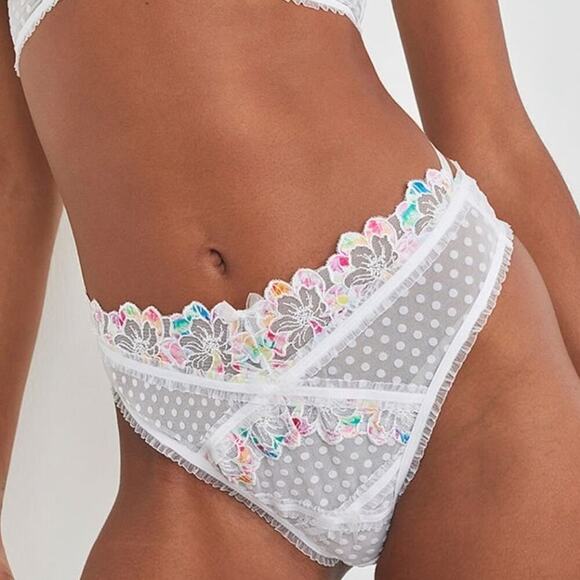 For Love and Lemons Rainbow Floral Embroidered High Waist Lace Panty White L NWT - Picture 1 of 8